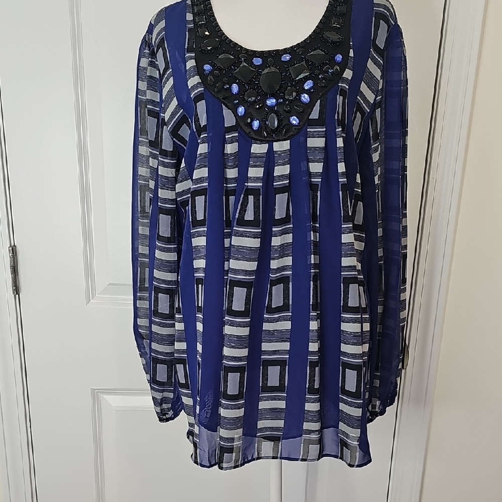 NWT KATHERINE NEW YORK‎ Elegant Blue Geometric Blouse